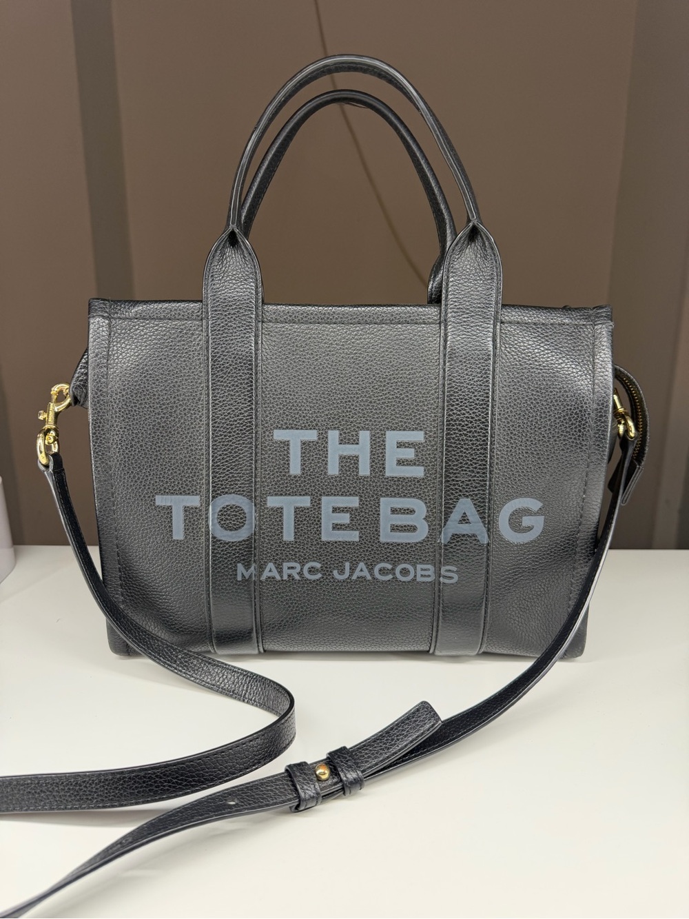 Marc Jacobs Black 'The Tote Bag' Leather Satchel with Logo Print